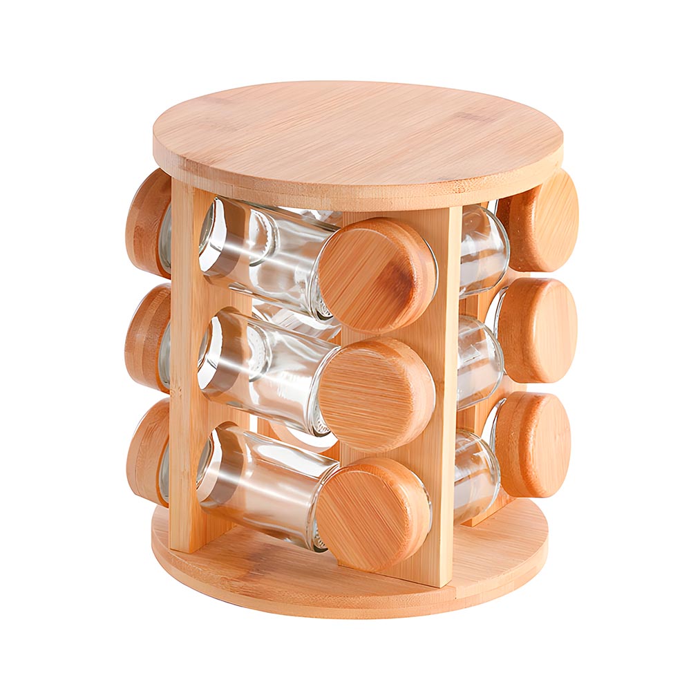 especiero de madera con 12 frascos de vidrio para especias