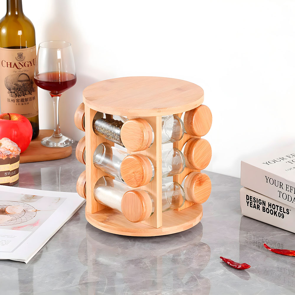 especiero de madera con 12 frascos de vidrio para especias