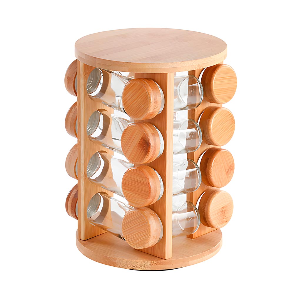 especiero de madera con 16 frascos de vidrio para especias