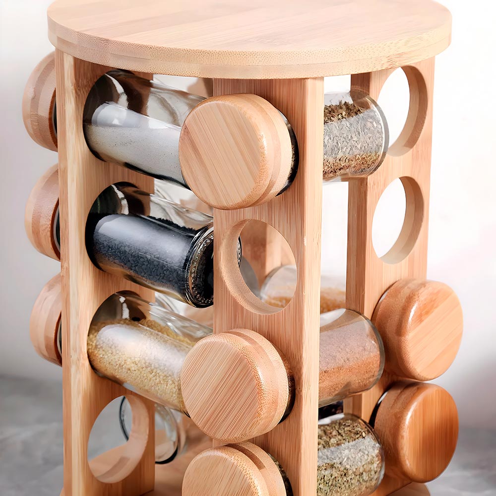 especiero de madera con 16 frascos de vidrio para especias