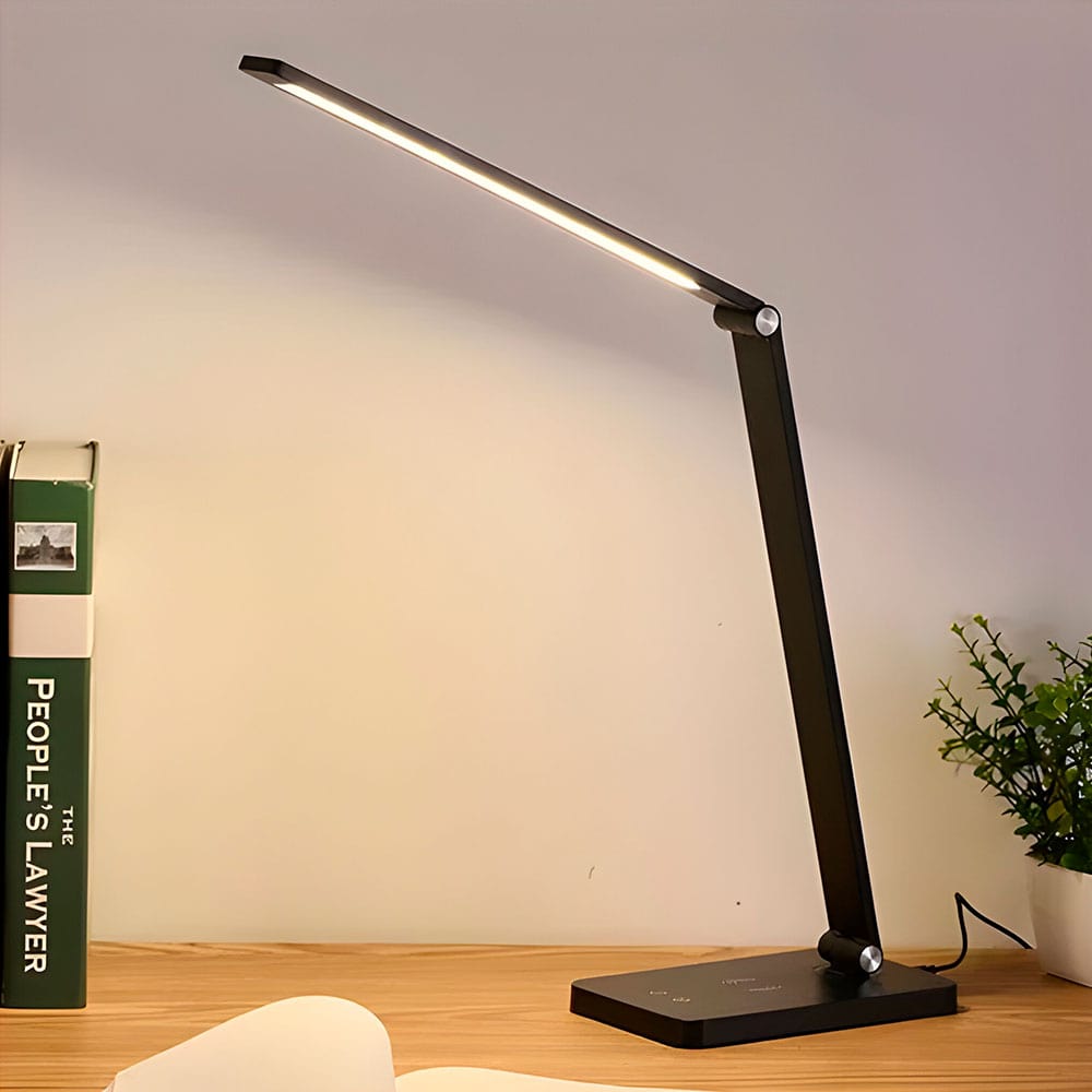 lampara escritorio negro con cargador inalambrico y varios colores de luz