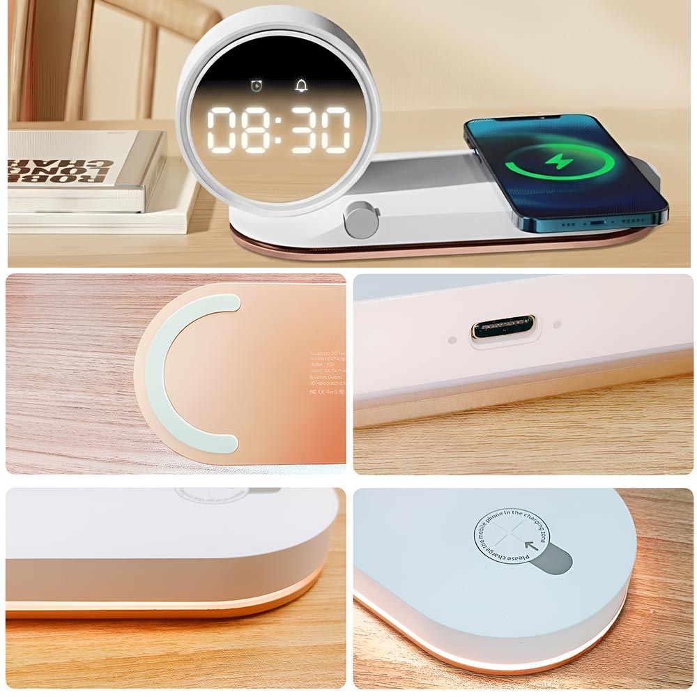 Despertador blanco con cargador inalambrico y lampara