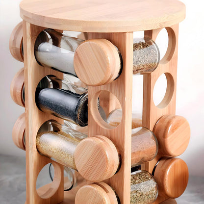 especiero de madera con 16 frascos de vidrio para especias