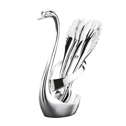 juego de cucharas de cisne en acero inoxidable con soporte