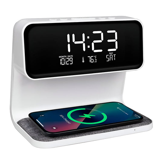 reloj despertador con cargador inlambrico y luz led color balnco