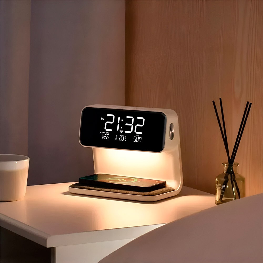 reloj despertador con cargador inlambrico y luz led