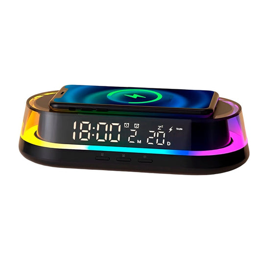 reloj despertador con cargador inalambrico y luz rgb led