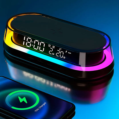 reloj despertador con cargador celular y luz rgb led