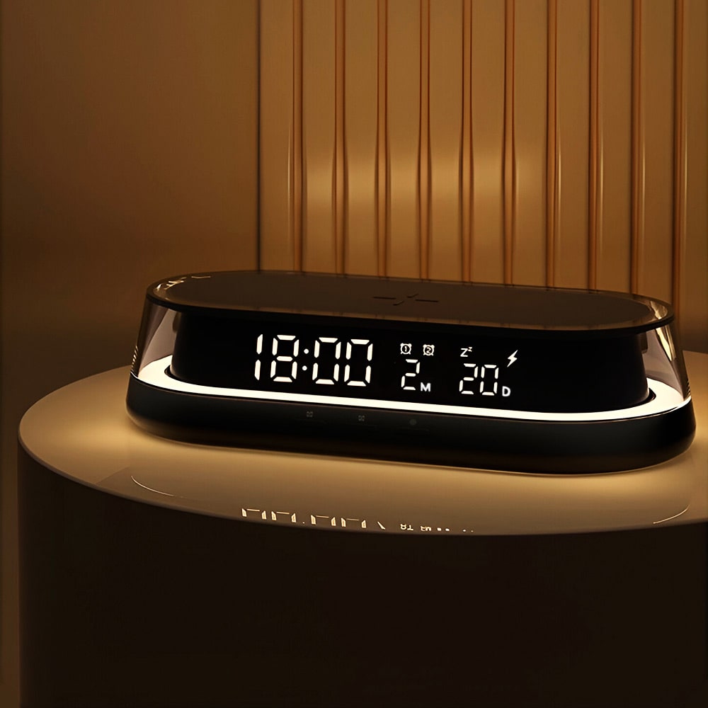 reloj despertador con luz rgb led y cargador inalambrico