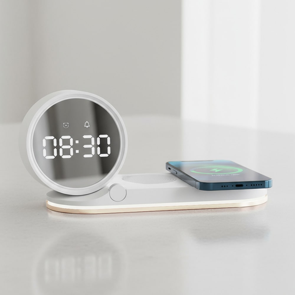 cargador inalambrico con reloj y luz led