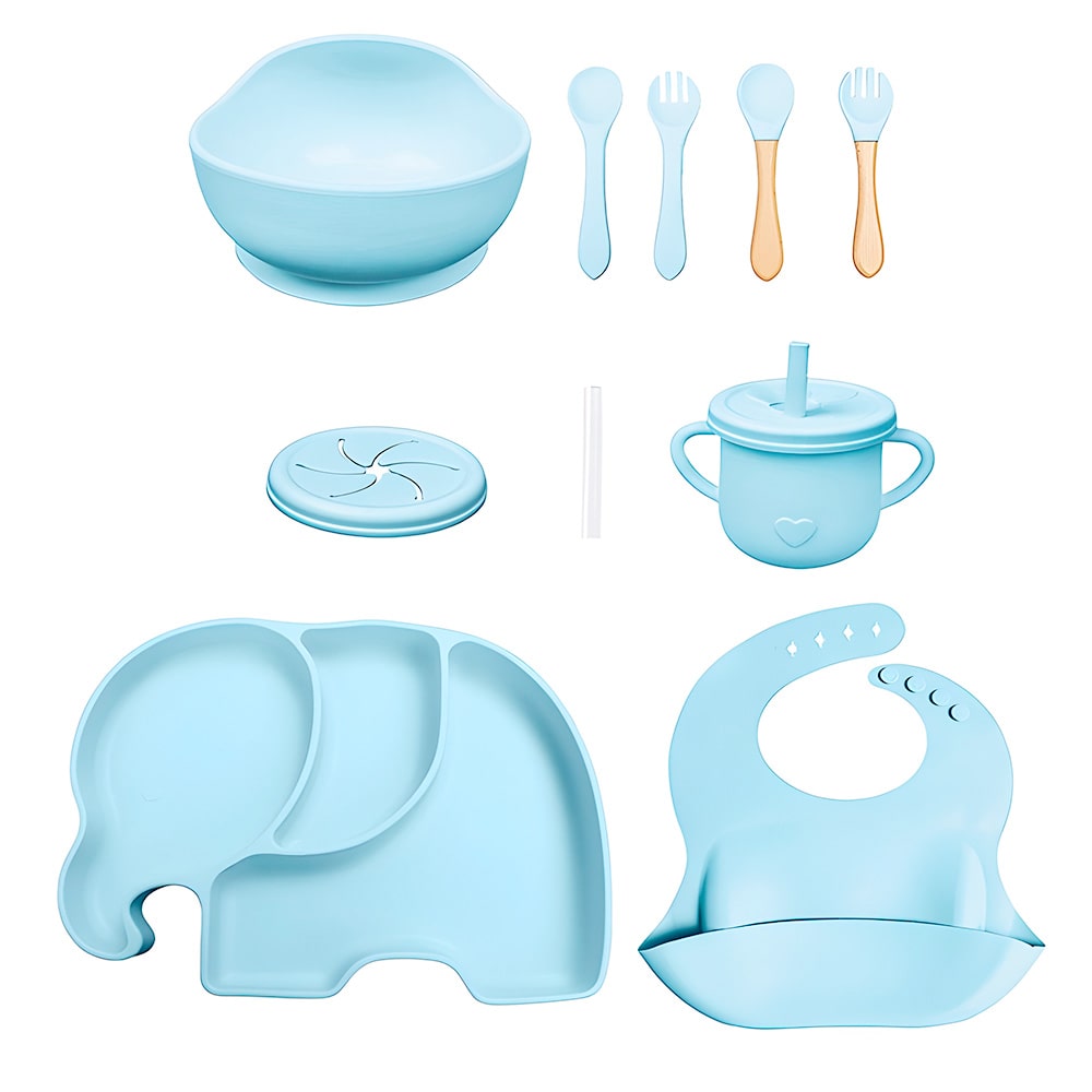 set vajilla en silicona de elefante azul  alimentacion para bebes