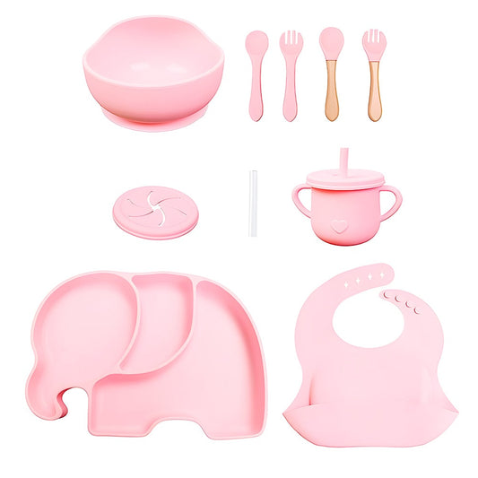 set vajilla en silicona de elefante rosado  alimentacion para bebes