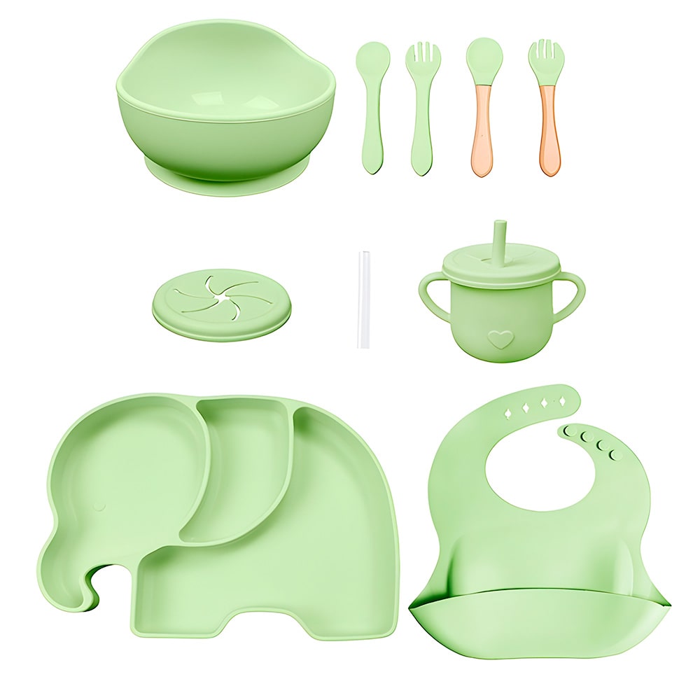 set vajilla en silicona de elefante verde  alimentacion para bebes