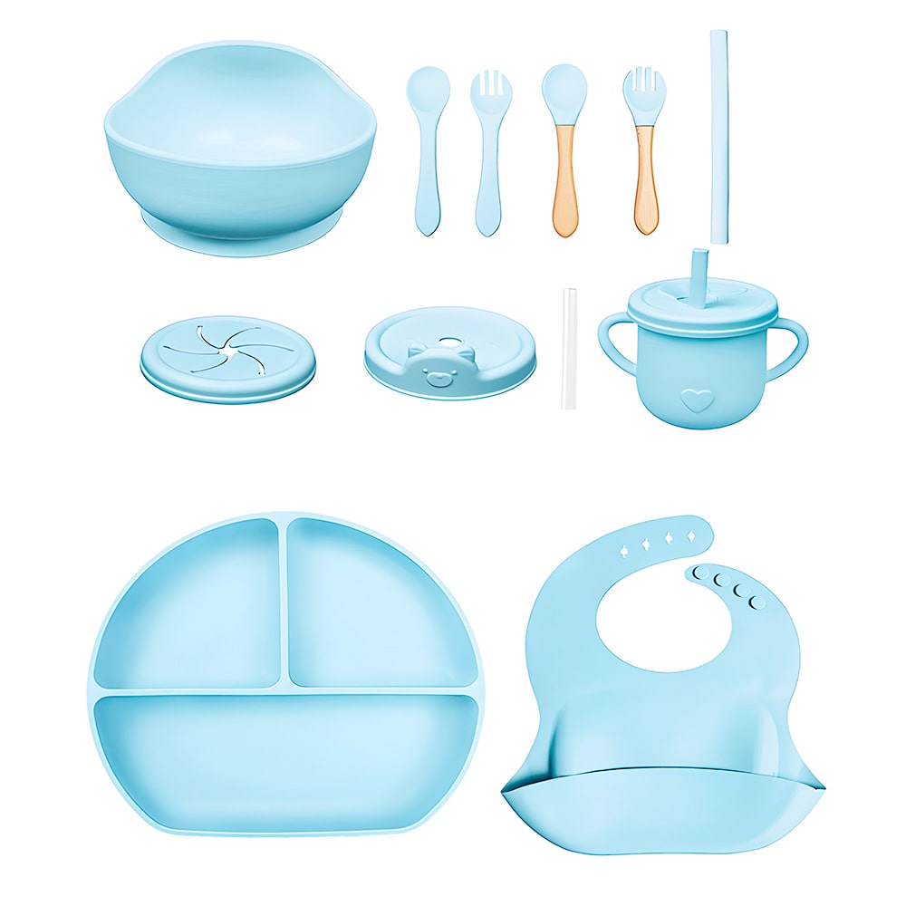 set vajilla en silicona de circulo azul alimentacion para bebes