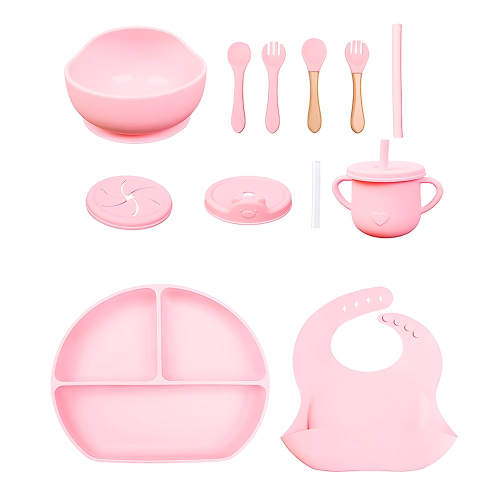 set vajilla en silicona de circulo rosado alimentacion para bebes