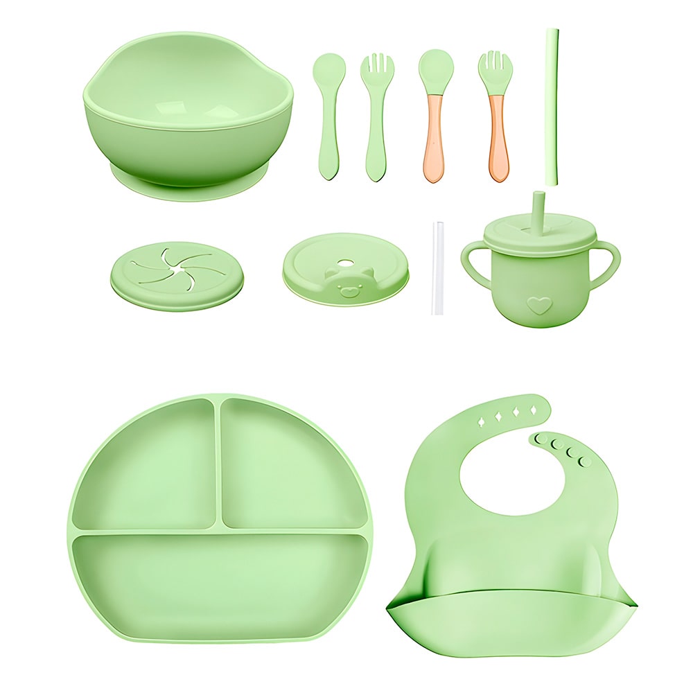 set vajilla en silicona de circulo verde alimentacion para bebes