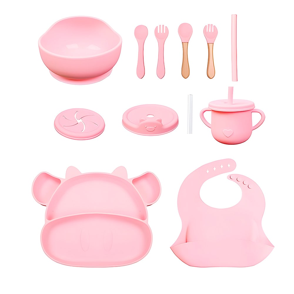 set vajilla en silicona de vaca rosado alimentación para bebes