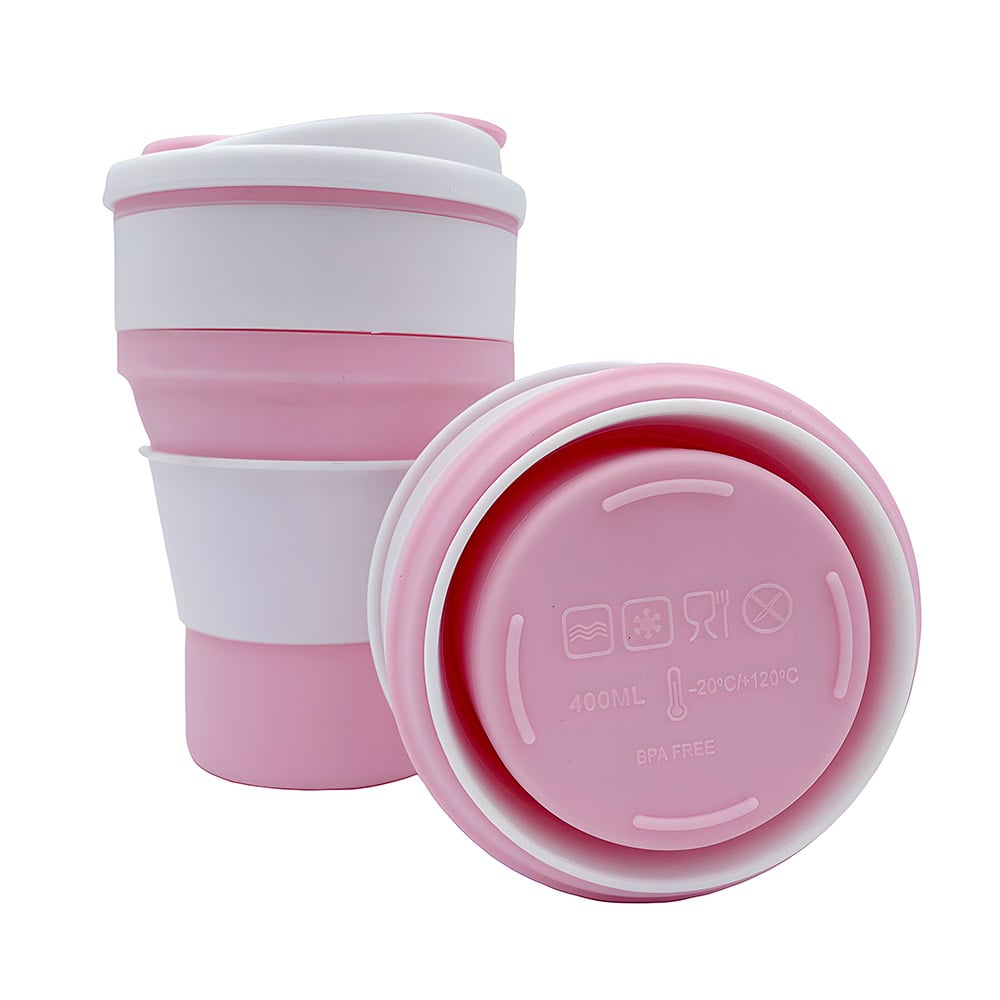 taza plegable portatil de silicona para café ideal para viajes rosa