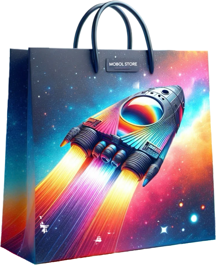 Una bolsa de compras con temática espacial y la imagen de una nave espacial, perfecta para darle un toque de otro mundo a tus viajes fuera o por la casa.